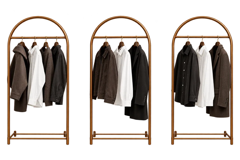 Archival clothing on three separate brass display rails, adapted from Archive Store’s interior.