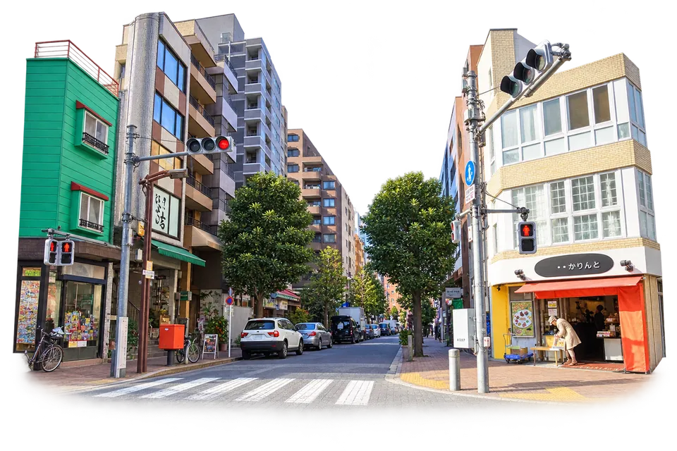 Small storefronts and a quiet junction on the Azabu Juban shopping streets.