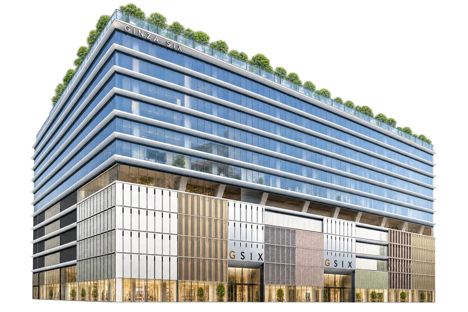 An architectural illustration of GINZA SIX, with its horizontal facade and rooftop garden.