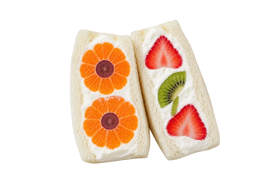 Two fruit-and-cream sandwiches from INITIAL, with orange, strawberry and kiwi flower cross-sections.
