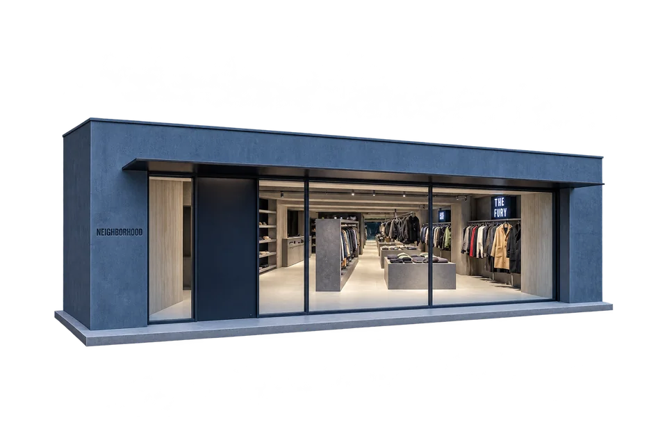 Architectural illustration of NEIGHBORHOOD Harajuku’s blue-charcoal storefront, with its wordmark beside the entrance.