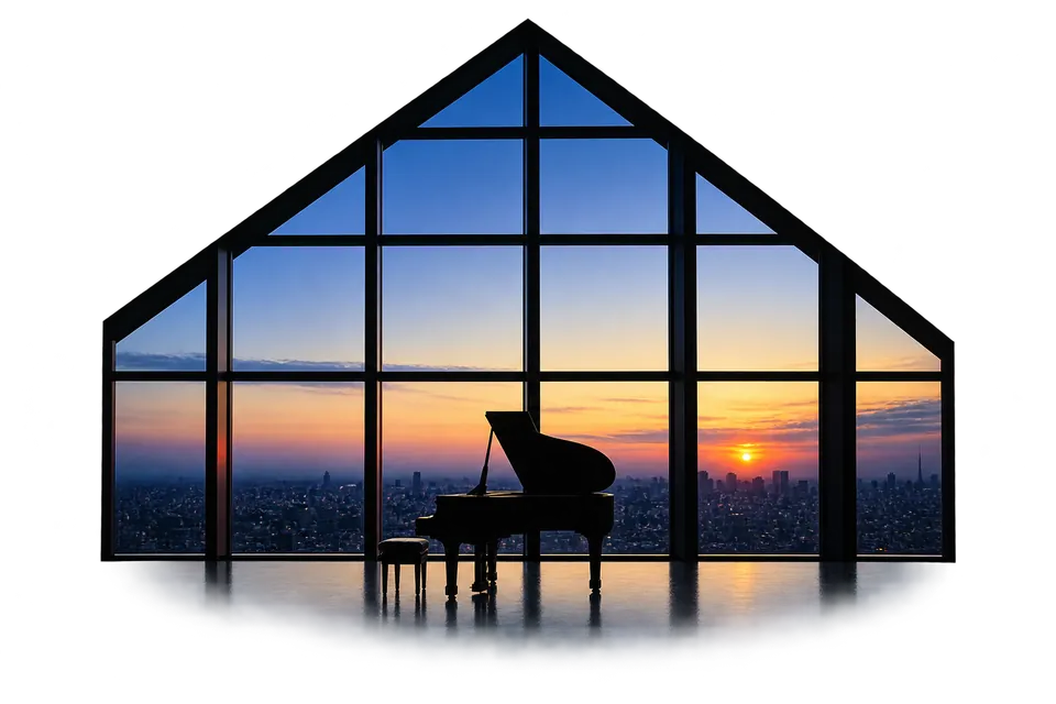 A grand piano silhouetted against the city skyline at New York Bar.