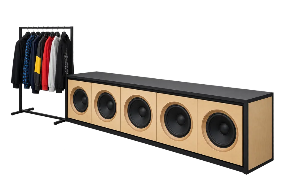 NUBIAN Harajuku’s speaker cabinet and a clothing rail, isolated from its interior.
