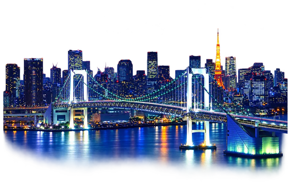 Rainbow Bridge and Tokyo’s skyline seen from Odaiba after dark.