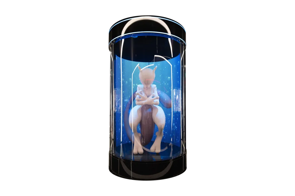 The real Mewtwo sculpture in its illuminated cylindrical display at Pokémon Center Shibuya, cut out from a photograph.