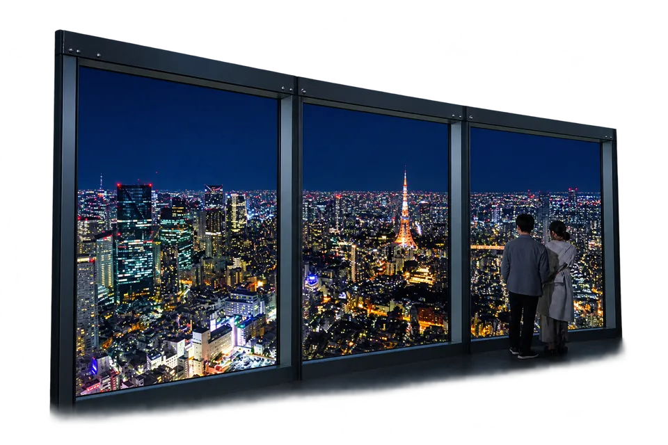 Tokyo Tower and the night skyline through the windows of Tokyo City View at Roppongi Hills.