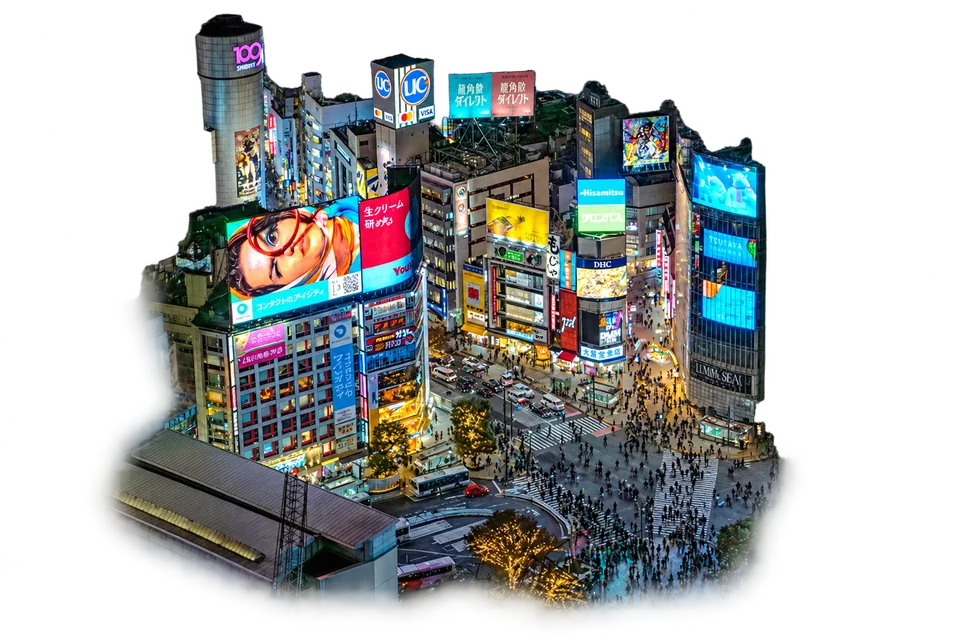 Shibuya Crossing and the surrounding signs seen from above.