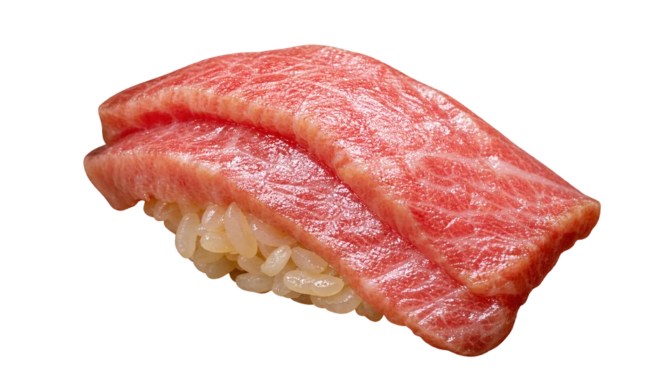 A single fatty tuna nigiri from Sushi Rinda, isolated on a transparent background.