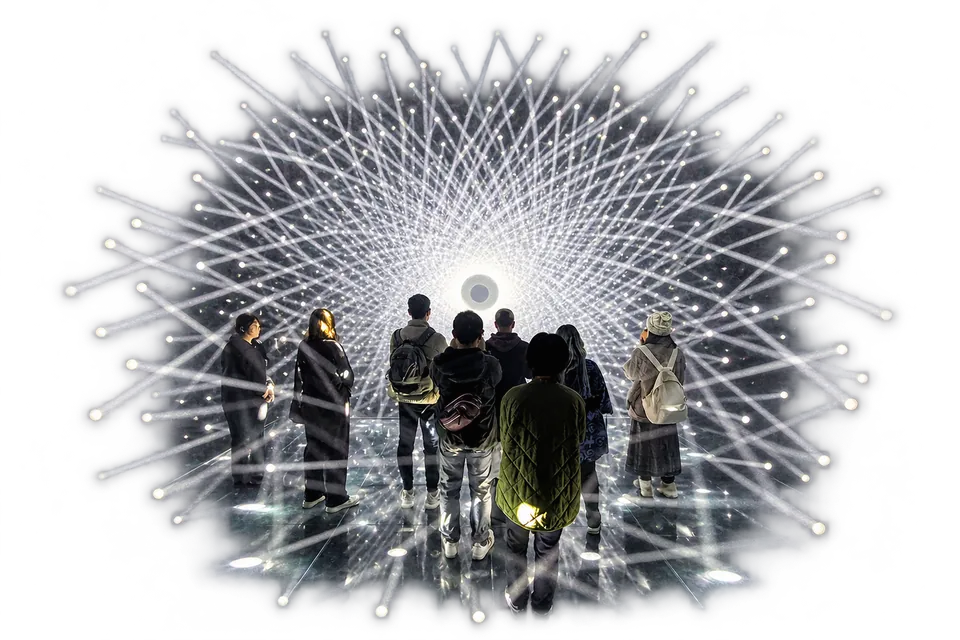 Visitors surrounded by the Light Sculpture at teamLab Borderless, Azabudai Hills.