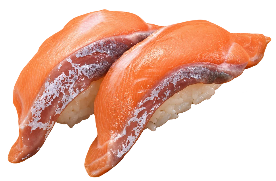 Two salmon nigiri from Toriton’s official menu, isolated on a transparent background.