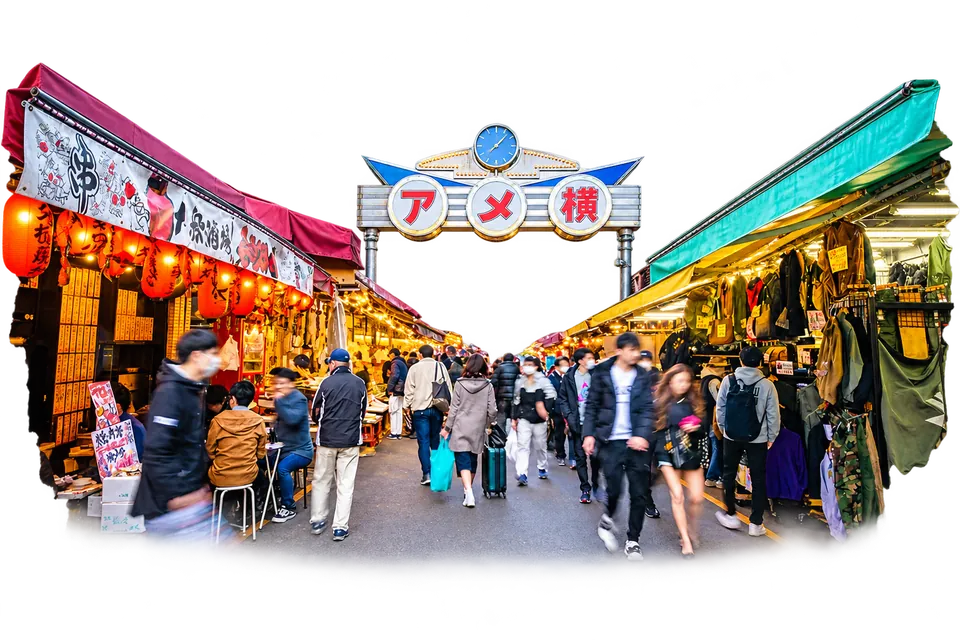 Food stalls and shoppers along Ameyoko in Ueno.