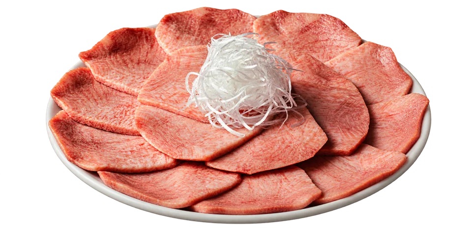 Ushigoro’s fanned plate of marbled beef tongue with shredded scallion.