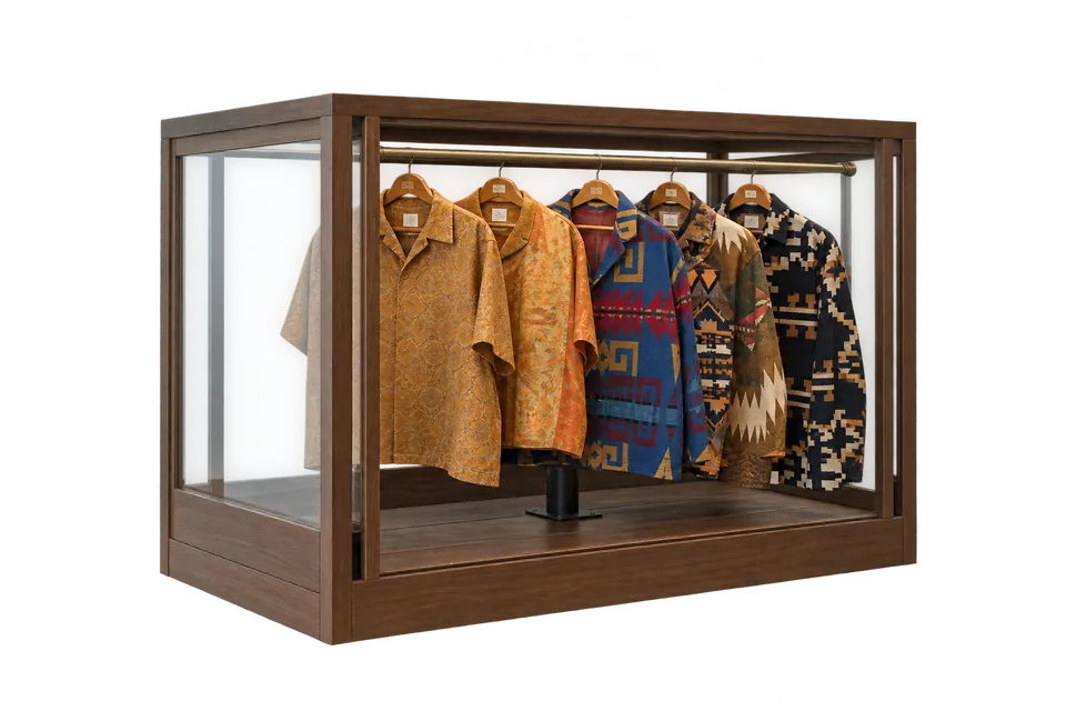 A timber-and-glass wardrobe with patterned garments, adapted from visvim Omotesando’s store photograph.