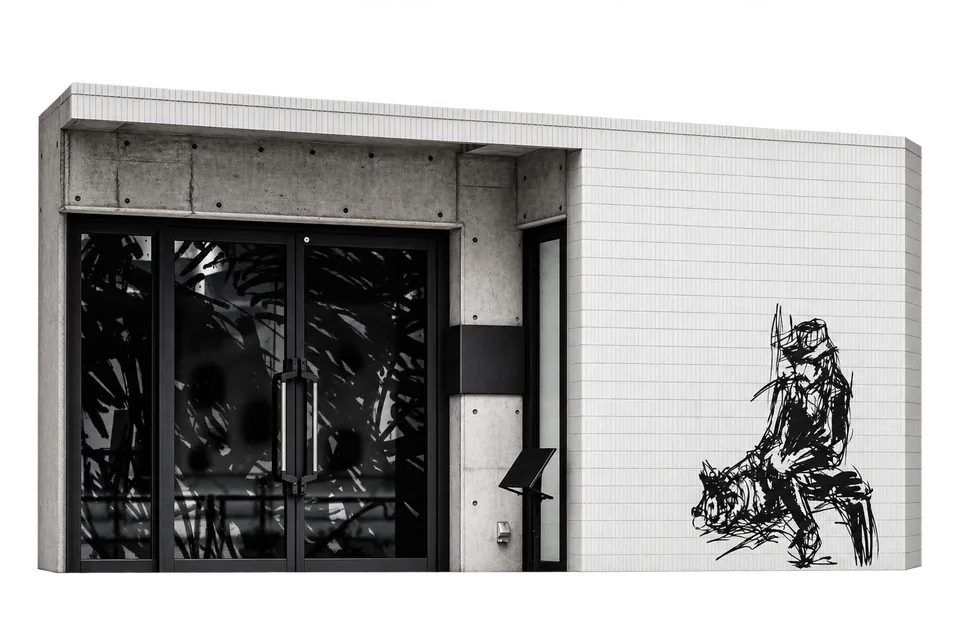 Yohji Yamamoto’s glass entrance and white wall with a gestural fashion drawing, adapted from its official store photograph.