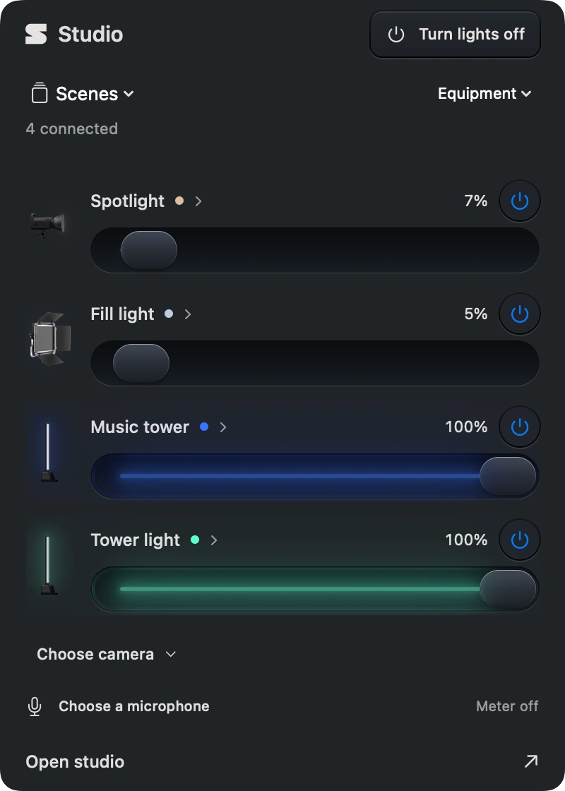 Studio Control menu: four connected lights, individual brightness, scenes, camera and microphone access