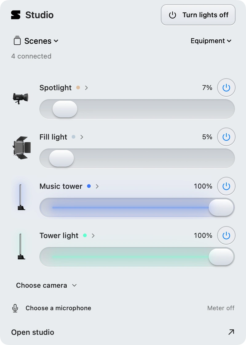 Studio Control menu: four connected lights, individual brightness, scenes, camera and microphone access